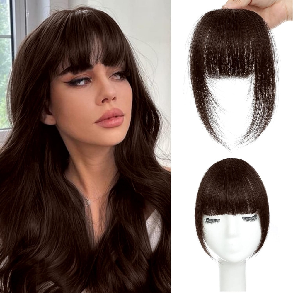 HAIR Clip in Bangs 100% Real Human Hair Extensions French Dark Brown Fake‎ Bangs